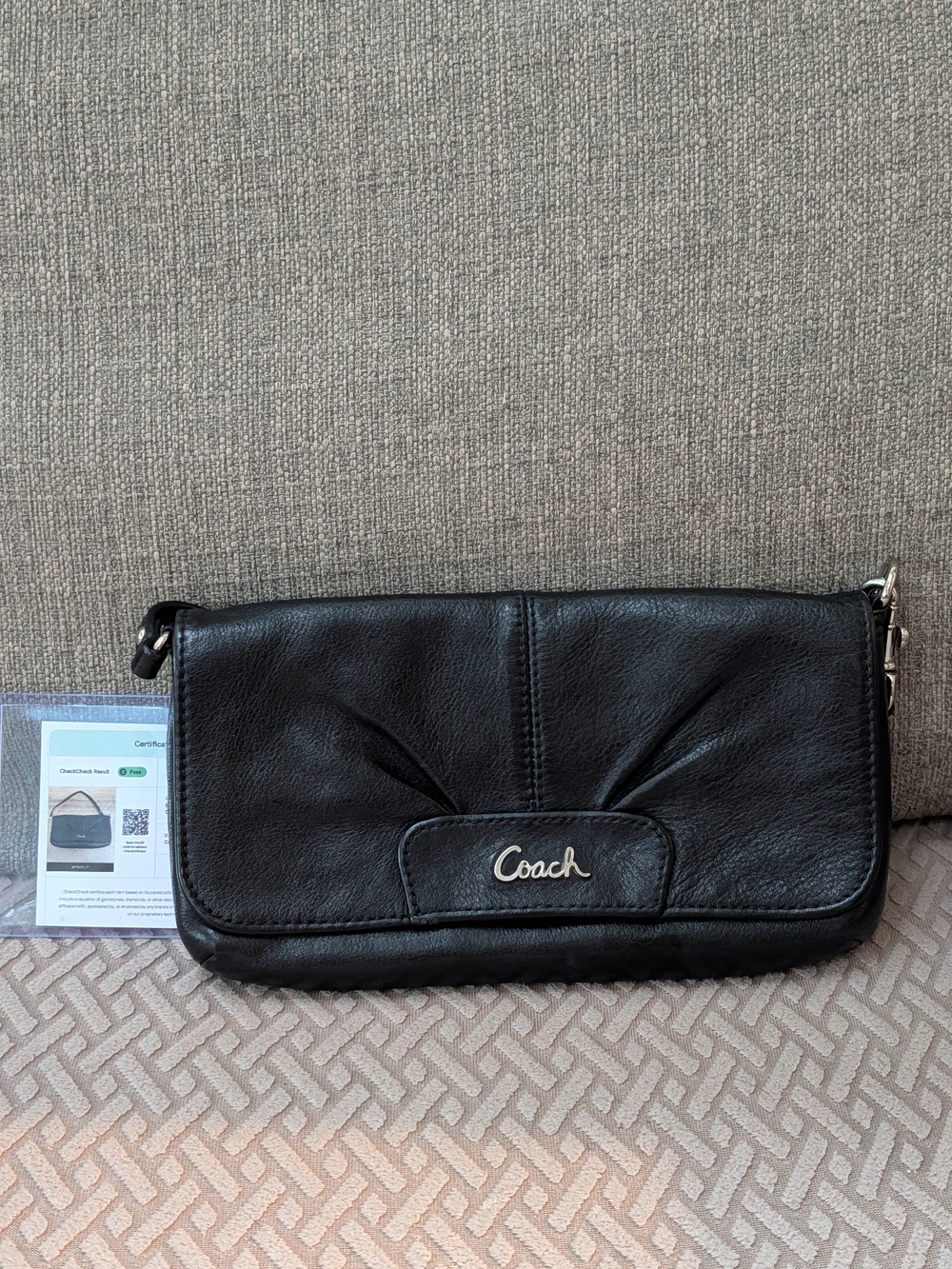 Coach Black Ashley Leather Pleated Flap Wristlet Clutch w COA